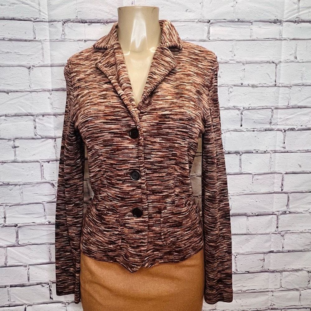 Magaschoni Womens Brown Notch Lapel Textured Single Breasted Blazer Size Medium